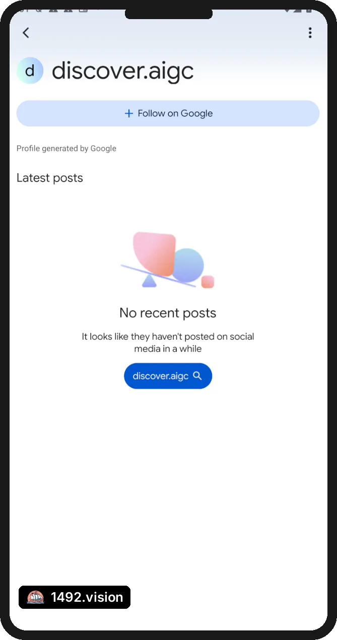 La fiche éditeur Google de discover.aigc : un bouton de suivi, la mention Profile generated by Google, et aucune publication récente