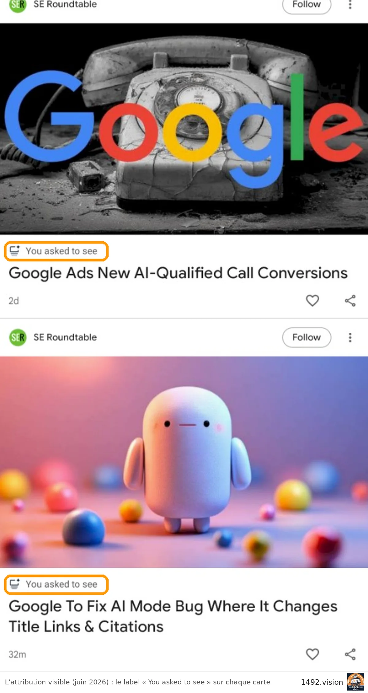 Deux cartes du feed portant le label d'attribution « You asked to see »