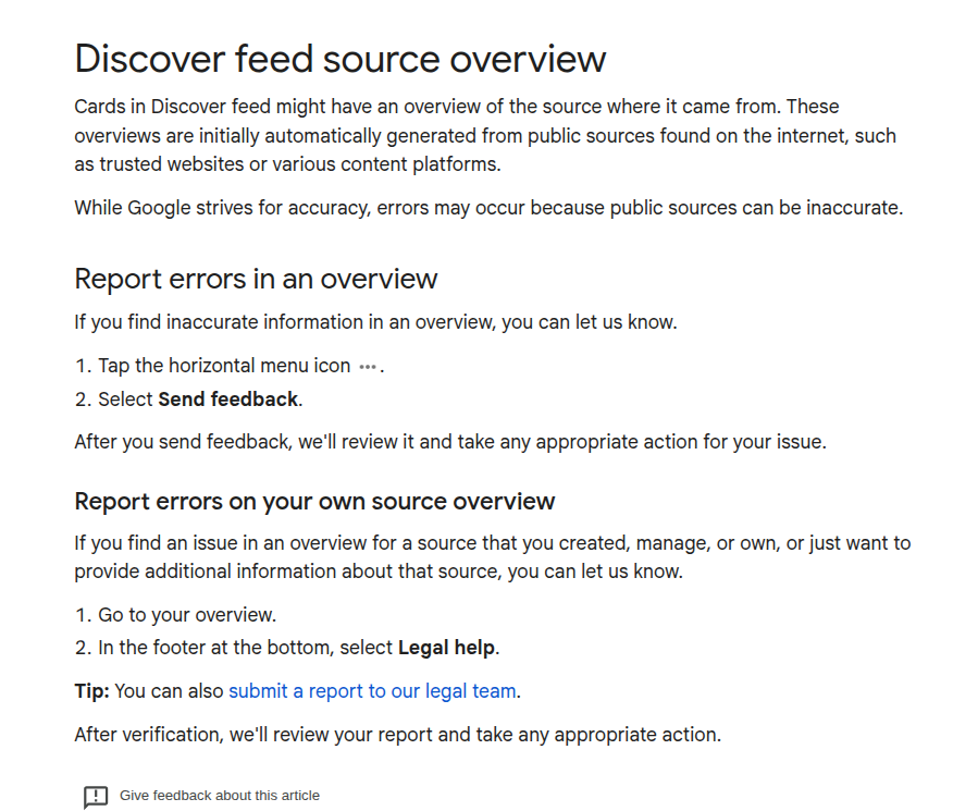 Official Google documentation on Discover feed source overviews