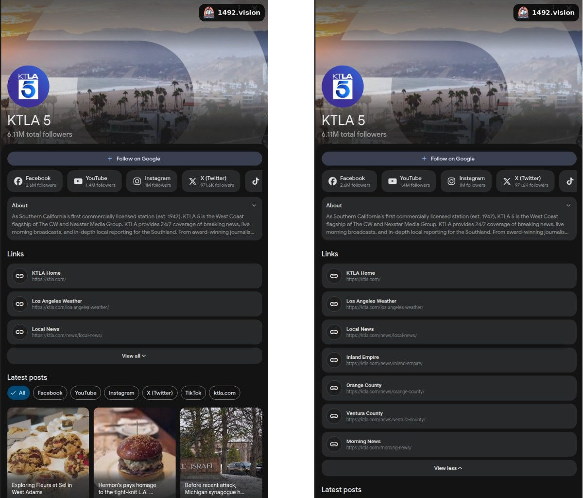 KTLA 5 profile page with Links block