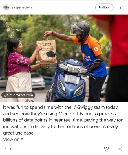 Discover card showing a Satya Nadella X post